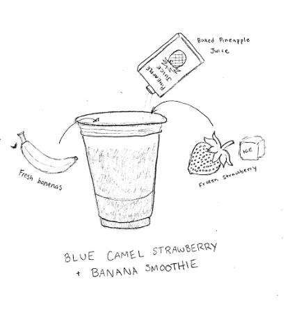 Hand-drawn illustration by Dani Maney of a strawberry smoothie with ingredients